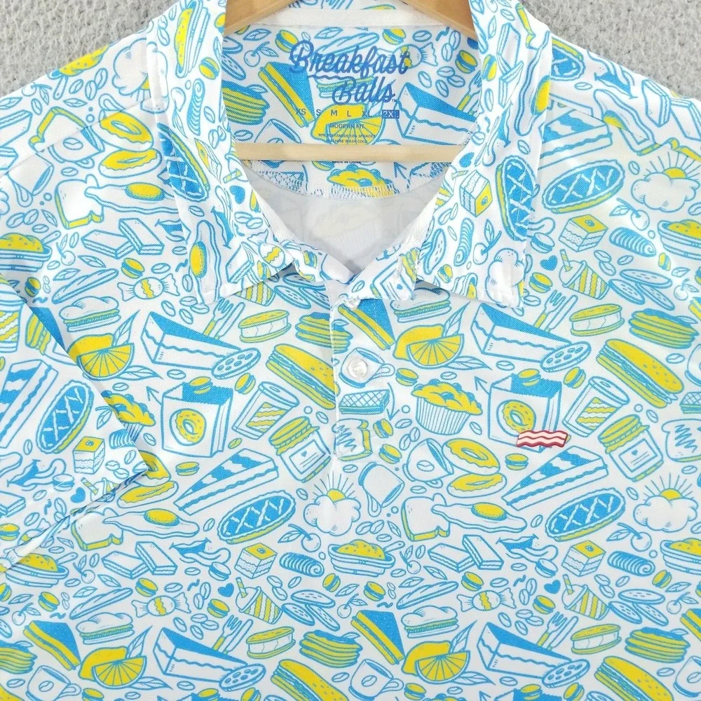 Breakfast Balls Polo Shirt Mens XXL Modern Fit Bacon Brunch Golf Donuts Diner